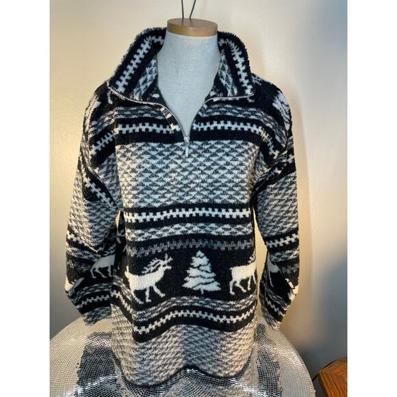 90s essentials style fleece Black and White deer tree Medium - Picture 7 of 14